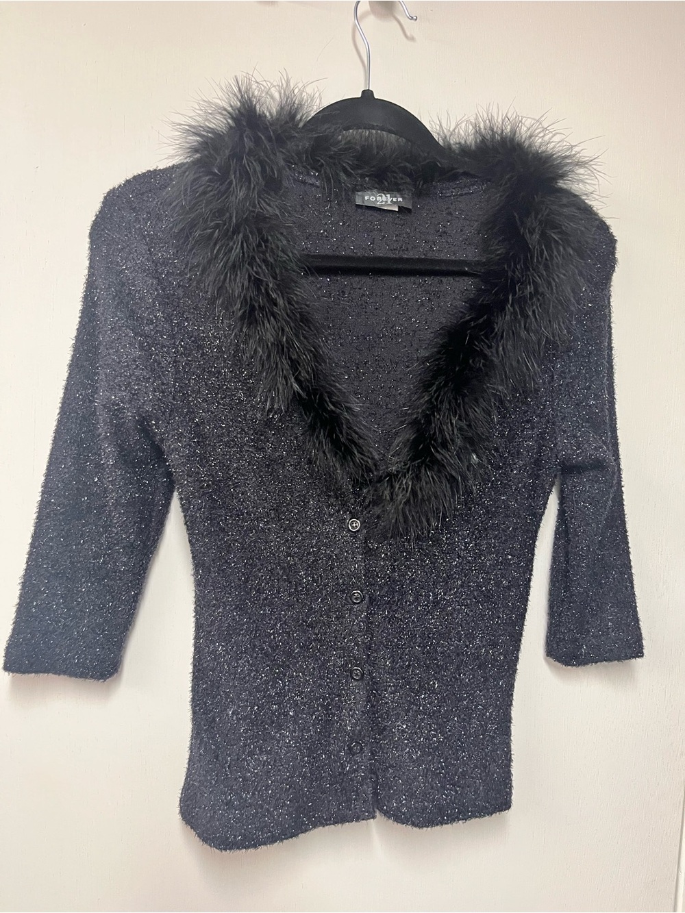 Forever 21 Black Sparkle Faux Fur Trim Cardigan